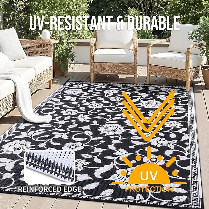 OLANLY Waterproof Outdoor Rug 6x9 ft, Outdoor Plastic Straw Rug with Flower Pattern, Reversible RV Mat for Patio, Camping, Balcony, Deck, Backyard, Black & White-Ruum Studio Home