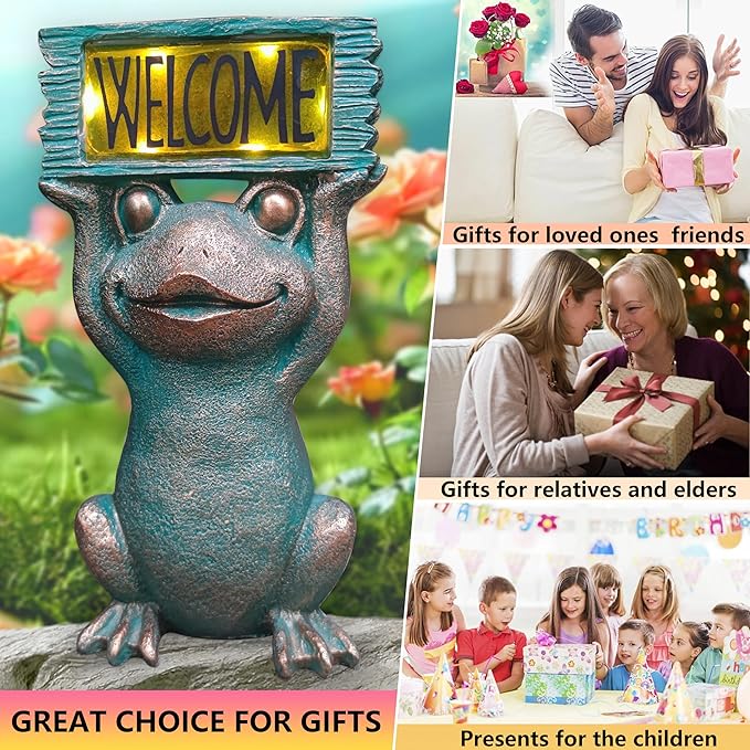 Frog Solar Welcome Garden Statues Outdoor Décor- Frog Figurines Solar LED Light Lawn Ornaments - Yard Decorations for Patio, Balcony, Backyard -Unique House Warming Gifts for Mom-Ruum Studio Home