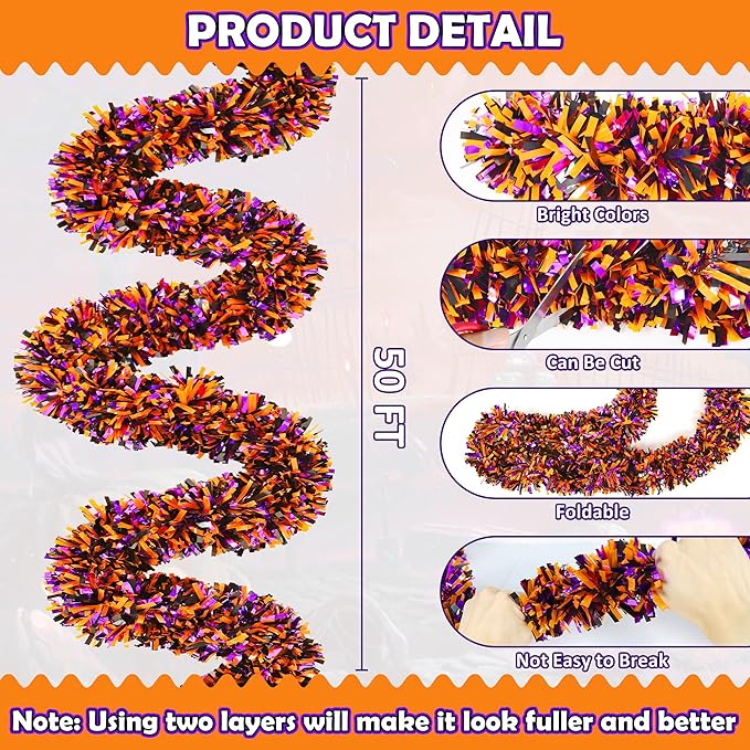 50FT Halloween Decorations Tinsel Garland, Orange Purple Black Shiny Metallic Tinsel Twist Hanging Streamers Garland for Halloween Birthday Home Tree Banister Indoor Outdoor Party Decor Supplies-Ruum Studio Home