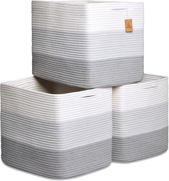 NaturalCozy 13x15x13 Kallax Storage Cubes Bins, 3 Pack | Cotton Rope Cube Storage Bin Woven Baskets for Organizing | Kallax Insert Storage Baskets for Shelves Organizer, Kids Toy, Closet Baby Nursery-Ruum Studio Home