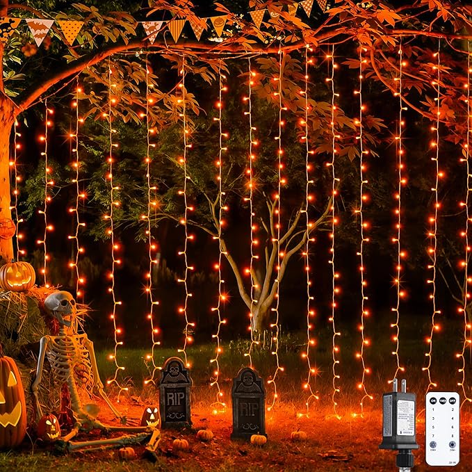 JMEXSUSS 300LED Orange Halloween Lights with Remote, 9.8x9.8ft Halloween Curtain Light, 8 Modes Orange Hanging String Lights Plug in for Fall Bedroom Thanksgiving Window Party Indoor Outdoor Decor-Ruum Studio Home