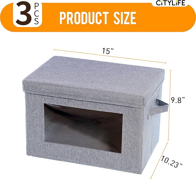 Citylife 3-Pack Collapsible Storage Bins with Lids, Linen Fabric Foldable Storage Boxes, Cube Closet Organization for Clothes, Blankets and Books, Gray-Ruum Studio Home