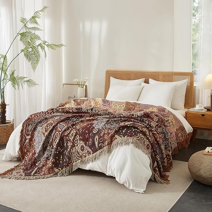 Boho Throw Blanket for Bed 80”x90”, 100% Cotton Woven Blanket for Couch Sofa, Ultra Soft 4-Layer Muslin Quilt with Patchwork Floral Printed, Farmhouse Bed Blanket/Cover for Living Room Decor-Ruum Studio Home