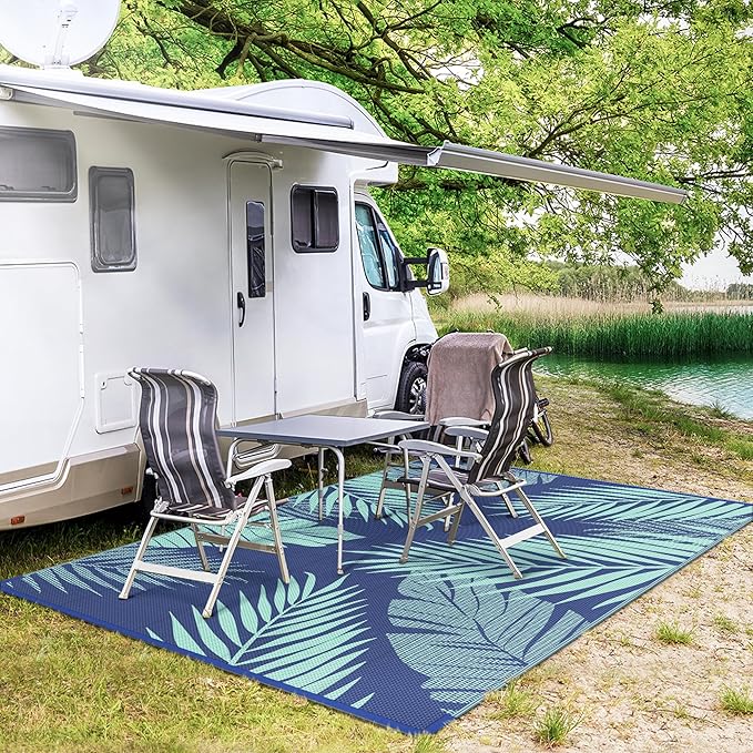 GENIMO Outdoor Rug 8' x 10' Waterproof for Patios Clearance, Reversible Outdoor Plastic Straw Camping Rug Carpet, Large Area Rugs Mats for RV, Camper, Deck, Balcony, Porch, Beach Royal Blue&Blue Green-Ruum Studio Home
