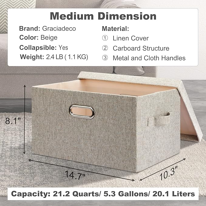 Medium 15" 21 Quart Collapsible Stackable Storage Bins with Lids, 5 Packs Beige Foldable Fabric Closet Boxes Heavy-duty Lidded Linen Cube Baskets Container Organizers and Storage-Ruum Studio Home