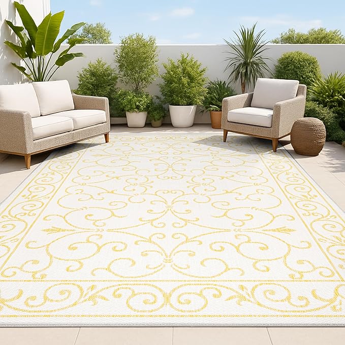JONATHAN Y Vintage Filigree Indoor Outdoor Area Rug 3X5 Cream/Yellow, Charleston Textured Weave for Backyard, Patio, Porch, Easy-Cleaning, High Traffic, Pet-Friendly, Non-Shedding (SMB106M-3)-Ruum Studio Home