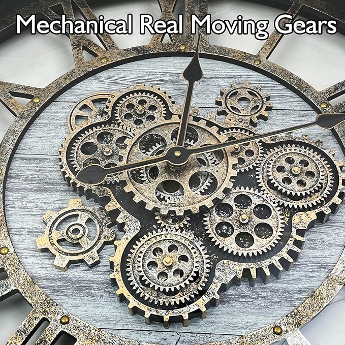 DORBOKER 36" Original Moving Gears Wall Clock, Large Industrial Wall Clock for Living Room Decor, Retro Metal Solid Wood Vintage Farmhouse Steampunk Rustic Clocks for Wall Decor,Silver Grey-Ruum Studio Home