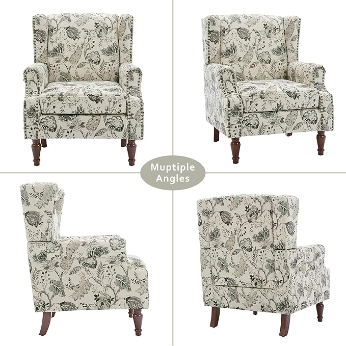 Lumibee Wingback Accent Chair,High Back Floral Armchairs in Fabric,Comfy Upholstered Reading Single Sofa Chair with Solid Wood Legs for Living Room,Bedroom,Office-Plants Beige-Ruum Studio Home