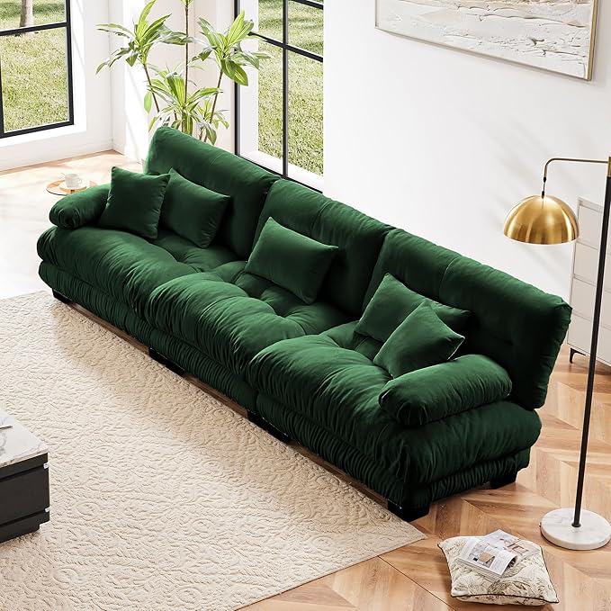Modular Sectional Sofa, Comfy Cloud Couch 3 Seater Couch, Sectional Couches for Living Room, Modern Chenille Oversized Couches for Bedroom, Sleeper Deep Seat Sofa with Throw Pillows, Green-Ruum Studio Home