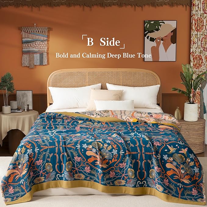 Boho Throw Blanket Twin Size, Soft Cozy Cotton Muslin Quilt Blanket for Bed Decor, Floral Patterned Couch Sofa Chair Cover, Vintage Farmhouse Cottage Tapestry Woven Blanket, Yellow&Blue-Ruum Studio Home