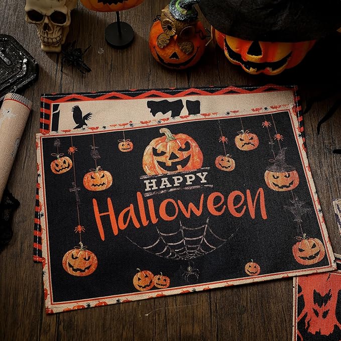 Umigy 6 Pcs Halloween Placemats 12"x18" Gothic Bat Placemats Kitchen Decoration Washable Witch Place Mats Rectangle Skull Table Mats for Halloween Dining Table Accessories(Classic)-Ruum Studio Home