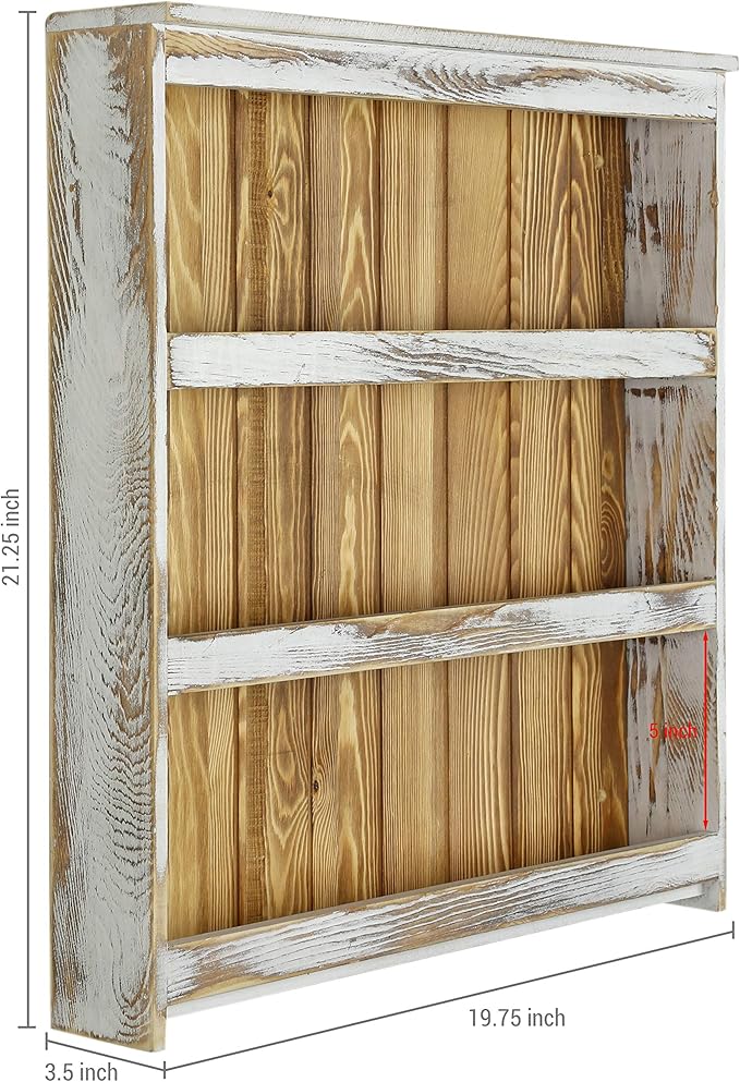 MyGift 3 Tier Wall Mounted Spice Rack, Shabby White Washed and Rustic Natural Burnt Solid Wood Kitchen Pantry Storage Shelf for Seasoning Jars or Condiment Bottles-Ruum Studio Home