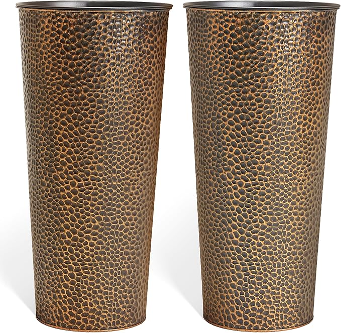 KOL 25" H. Metal Hand-Hammered Planters with Inner Pots 2-Pack, Bronze Decor Planter for Deck, Patio, Porch - Galvanized Steel Handcrafted Flower Pot - w/Water Level Indicator - Indoor Outdoor Use-Ruum Studio Home