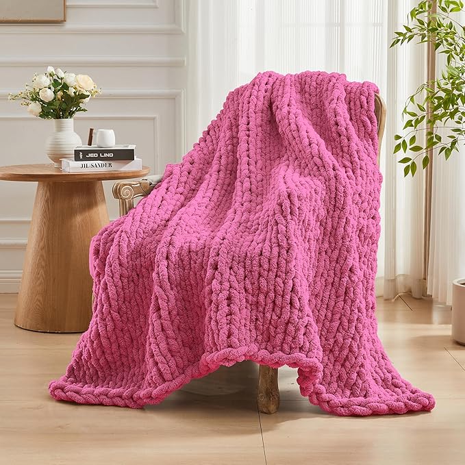 Carriediosa Chunky Knit Throw Blanket 50" X 60", 100% Hand Made Large Chenille Loop Yarn Soft Fluffy Throws for Couch Sofa Bed, Big Crochet Cozy Heavy Thick Cable Woven Blankets, Hot Pink-Ruum Studio Home