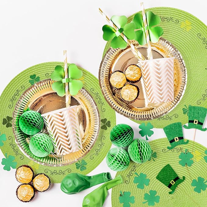 Whaline 4Pcs Round St. Patrick's Day Placemats Embroidered Shamrock Place Mats Green Clover Dinner Table Mats for Home Spring Irish Holiday Birthday Party Decor-Ruum Studio Home