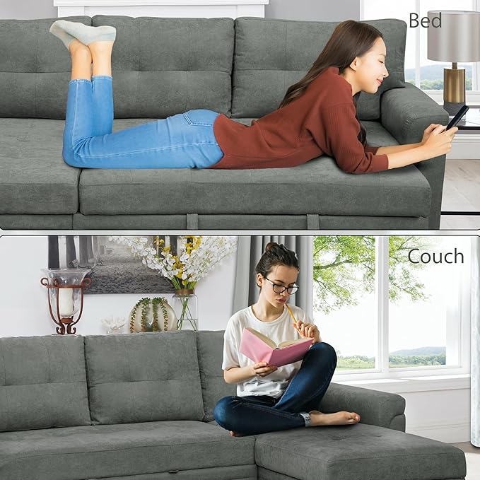 Naomi Home Transform Any Space: Sleeper Sectional Sofa with Convertible Sofa Bed & Inviting Chaise. Find Tranquil Comfort with Stress-Relieving Design & Durable Cushions - Gray/Velvet-Ruum Studio Home
