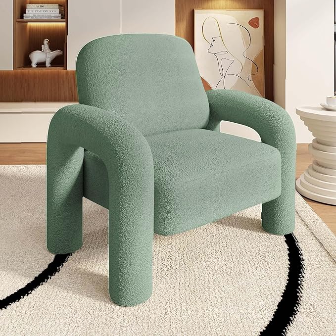 Modern Sherpa Accent Chair, Teddy Upholstered Arm Single Sofa, Cozy Fluffy Reading Chair for Living Room, Bedrooms, Corner (Mint Green)-Ruum Studio Home