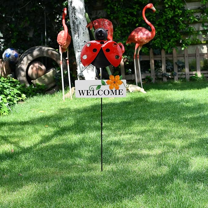 Veclotch 30"" H Metal Ladybug Garden Stake,Rustic Ladybird Decorative Yard Stakes Metal Yard Art Bug Ornaments Welcome Outdoor Spring Garden Stake for Patio Lawn Porch Pathway Decor-Ruum Studio Home