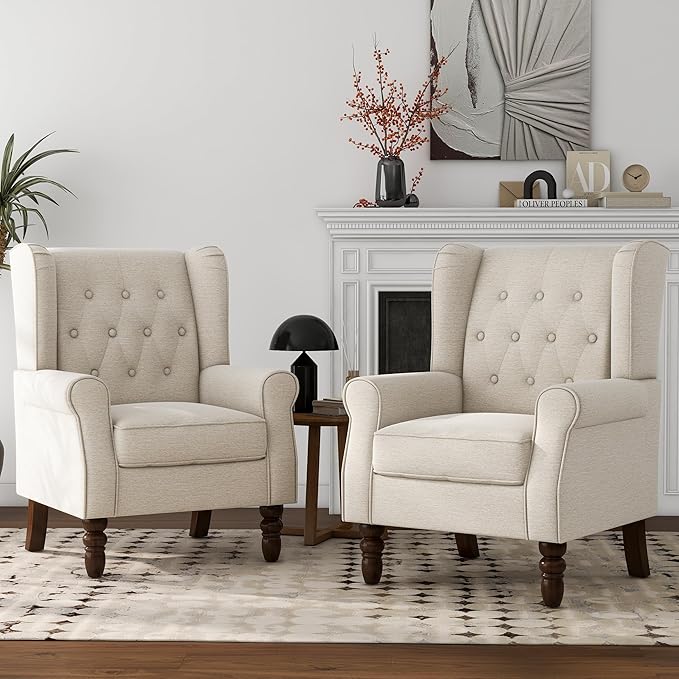 Lumibee High Back Accent Chair Set of 2,Upholstered Wingback Armchair with Solid Wood Legs for Small Spaces,Comfy Single Sofa Chair for Living Room,Bedroom,Office-Beige-Ruum Studio Home