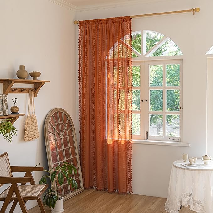 Sutuo Home Boho Curtains for Bedroom Living Room Dining Room, Crochet Lace Sheer Bohemian Country Tassels,Window Treatment Drapes for Halloween Decor, Rod Pocket 1 Panel 59" W x 120" L, Orange-Ruum Studio Home