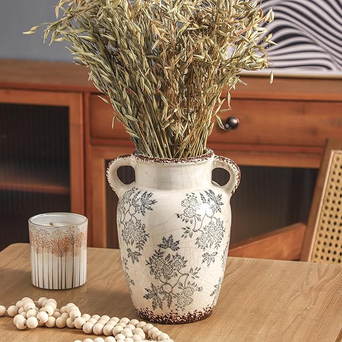 Enra Vintage vase with Handle,9.4 inch Blue and White Ceramic Decorative Flower vase, Chinoiserie Floral Vase,Large Rustic Vases for Home Decors, Living Room, Bookshelf, Office-Ruum Studio Home