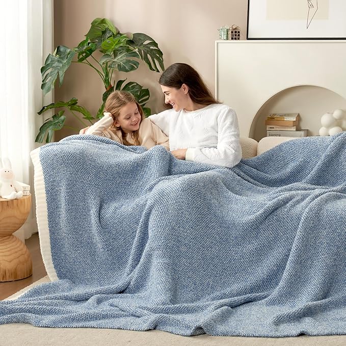 Snuggle Sac Queen Size Bed Blanket Heather Blue, Reversible Super Soft Microfiber Blankets Warm Cozy Knit Fuzzy Plush Bed Blankets, Blue, Queen 90x90-Ruum Studio Home