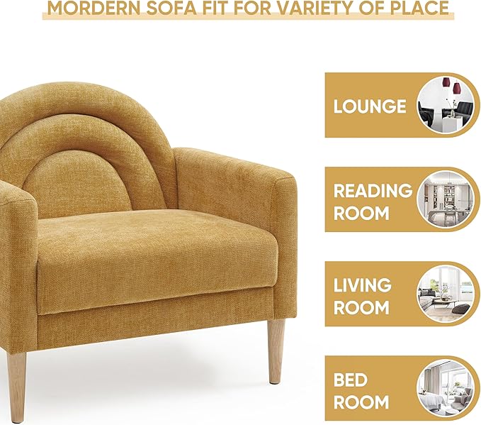 Accent Chair Reading Chair with Armrest, Small Comfy Chair for Small Spaces, Modern Linen Upholstered Armchair for Bedroom & Living Room, Single Sofa Chair with Wood Legs, Easy Assembly (Yellow)-Ruum Studio Home