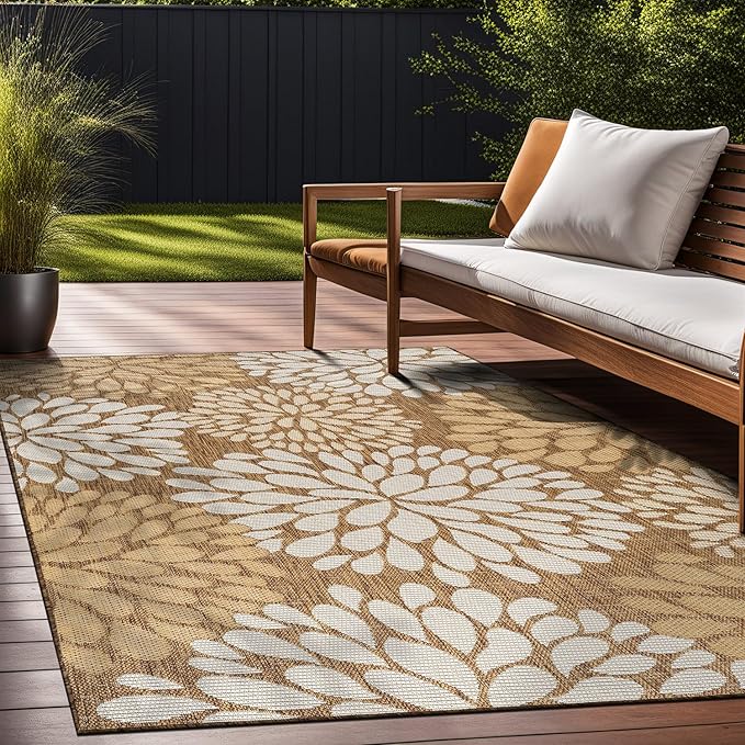 Beverly Rug Outdoor Rug 9x12 Modern Exotic Tropical Leaf Area Rugs for Indoor and Outdoor Patio Deck Porch Garden Water Resistant Washable Outside Carpet (9 x 12 Wooden)-Ruum Studio Home