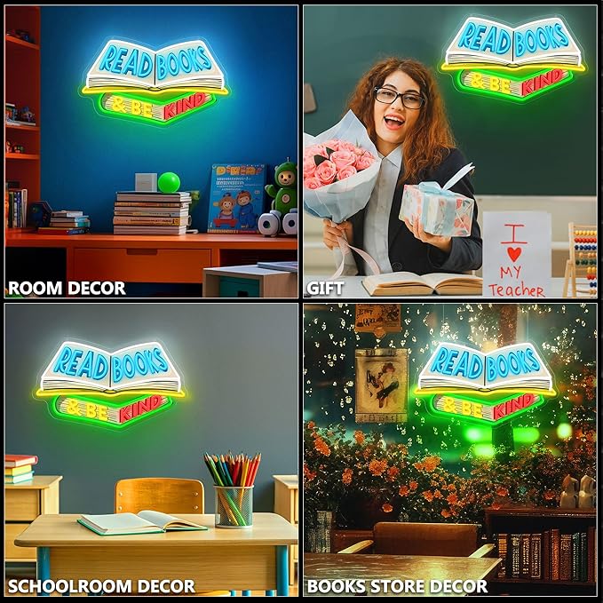 SELICOR Read Books & Be Kind Neon Signs for Wall Decor-Teacher Appreciation Gift,Adjustable LED Book Neon Light Up Sign for Reading Room Study Room Classroom Bookstore Library Museum Cafe Bedroom-Ruum Studio Home
