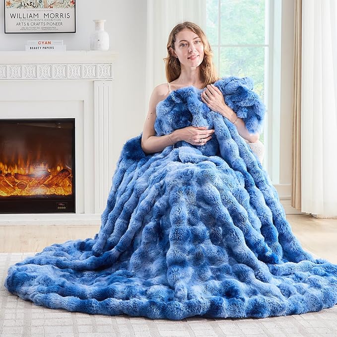Lotus Karen Faux Fur Throw Blanket Tie-Dye Blue - Big Bubble Rabbit Fluff Blanket for Couch, Large Fluffy Fuzzy Cozy Blanket,Thick Furry Plush Shaggy Blankets,108x90 Inches-Ruum Studio Home