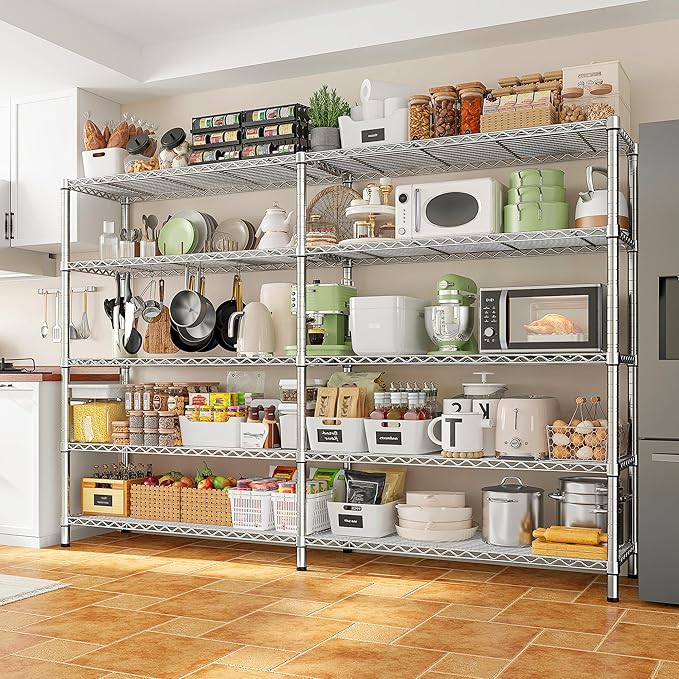 REIBII 69.8" W Storage Shelves 1510LBS Wire Shelving Unit 5 Tier Metal Shelving for Storage Rack Shelves Adjustable Heavy Duty Garage Shelf Pantry Shelves Kitchen Shelving,69.8"Wx15.8"Dx72.4"H,Chrome-Ruum Studio Home