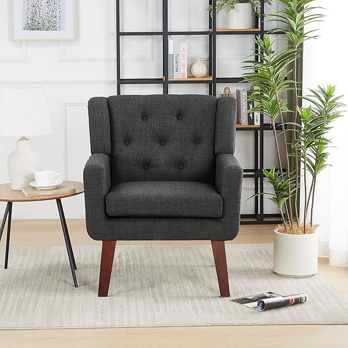 Accent Chair Button-Tufted Upholstered Living Room Chairs Comfy Reading Chair Mid Century Modern Chair with Linen Fabric Lounge Arm Chairs for Living Room Bedroom (Dark Grey)-Ruum Studio Home