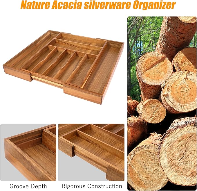 Bellsal Large Premium Acacia Wood Silverware Organizer - Expandable Utensil Drawer Organizer - 17"x19.6" Utensil Holder and Cutlery Tray with Grooved for Kitchen Flatware Utensils(7-9 Slot, Acacia)-Ruum Studio Home