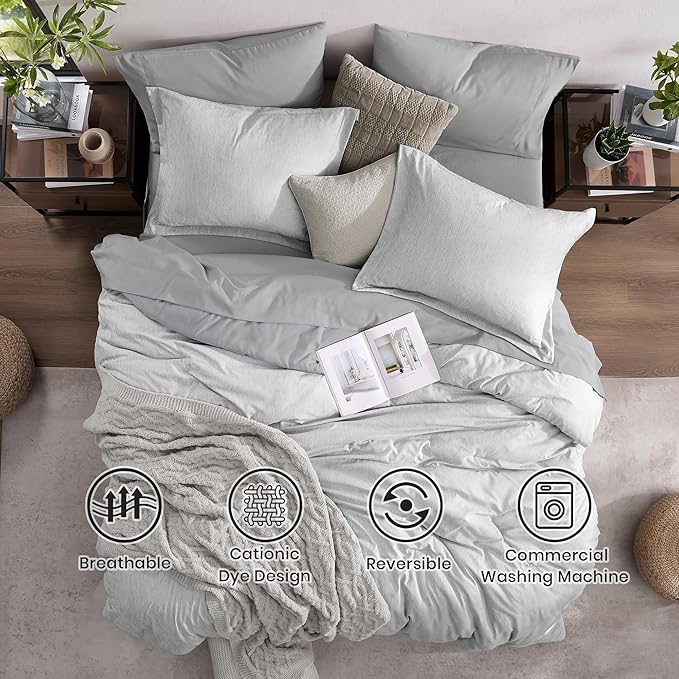 Monbix Queen Comforter Set - 7 Pieces Cationic Dyeing Light Grey Bed in a Bag Queen Bedding Sets with Comforter, Sheets, Pillowcases & Shams, Reversible Bedding Comforters Sets-Ruum Studio Home