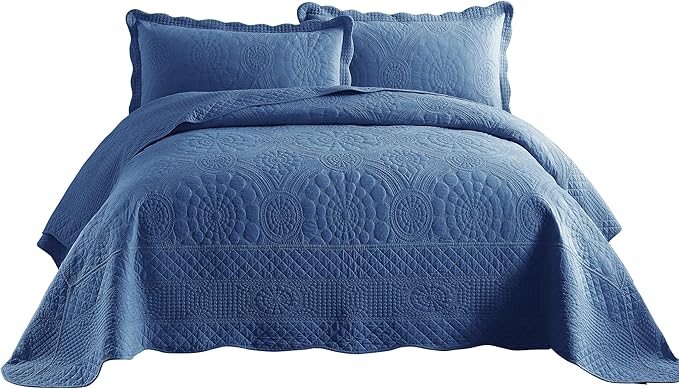 MarCielo 3-Piece 100% Cotton Oversized Bedspread Lightweight Quilt Coverlet Embroidery Farmhouse Bedding Set (Tf Midtone Blue, Oversized King (118"x106"))-Ruum Studio Home