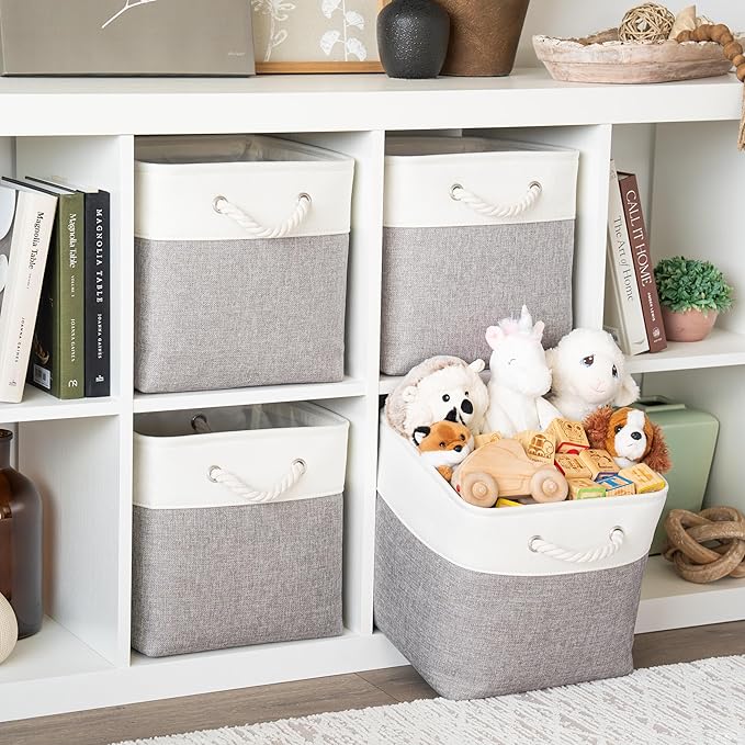 OrganiHaus 12x12 Cube Storage Bins 4 Pack, Foldable Cube Storage Organizer w/ Rope Handles, Collapsible Fabric Bins for Toys, Clothes & Closet Organization, Fabric Square Baskets - Gray/White-Ruum Studio Home