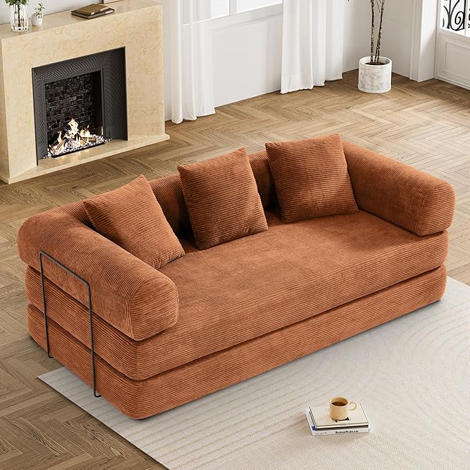 Convertible Sleeper Sofa Bed with Pillow, 4-in-1 Corduroy Folding Mattress Couch with Fixed-Shape Frame, Futon Fold Out Floor Sofa Cama Lounge Couch for Living Room Bedroom, Orange-Ruum Studio Home
