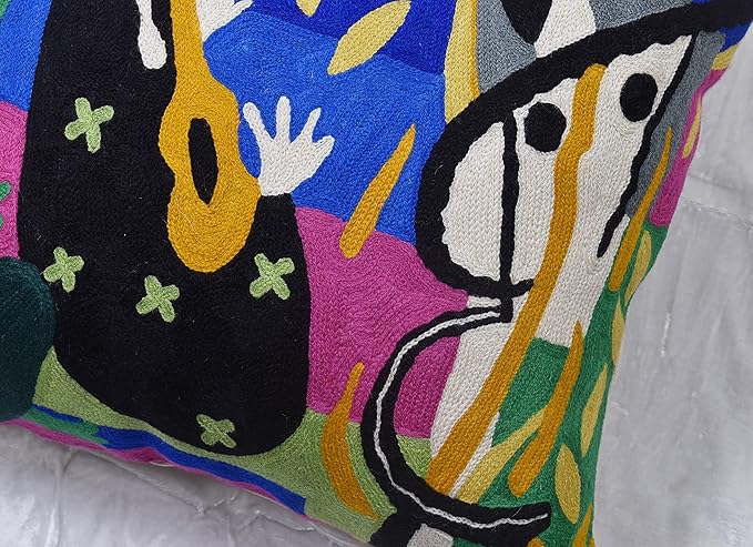 Matisse Decorative Pillow Cover - Music Modern Chair Cushion| Modern Farmhouse Pillows | Flower Outdoor Pillow | Mid Century Chair Cushions |Hand Embroidered Wool Size 18x18-Ruum Studio Home