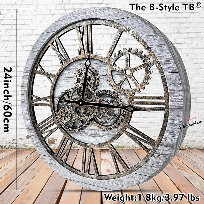 The B-Style Large Wall Clock 24 inch Moving Gear Wall Clock Oversized Vintage Farmhouse Wall Clocks for Living Room Decor Rustic Industrial Wood Clock (Silver Gray and Bronze)-Ruum Studio Home