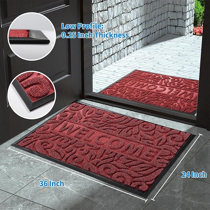 Yimobra Welcome Mat Outdoor, 36x24 Waterproof Large Door Mat Outside Entrance, All-Weather Non Slip Front Door Mat, Low-Profile Entryway Mat Indoor, Porch and Patio, Wine Red-Ruum Studio Home