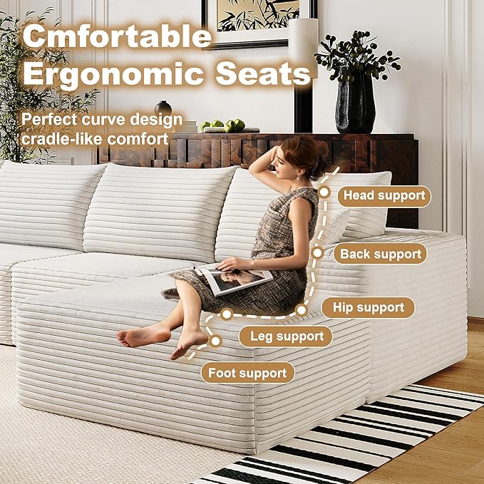 108" Sectional Couches for Living Room Modern Modular Sofa with L-Shape Couchs Upholstered Boneless Couch Deep Seat Sectional Couch with Chaise (White, Right Facing Chaise+2Seaters+1Ottoman)-Ruum Studio Home