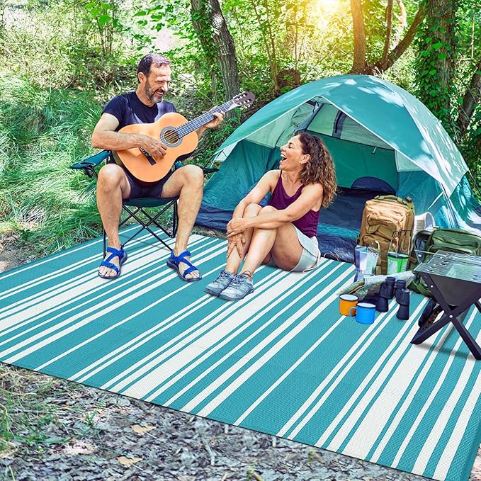 Outdoor Patio Rug 9x12 Stain-Resistant Reversible Camping Mat, Modern Striped Outdoor Plastic Straw Rug, Waterproof Outside Carpet, Easy to Clean for RV, Porch, Deck, Balcony, Light Blue-Ruum Studio Home