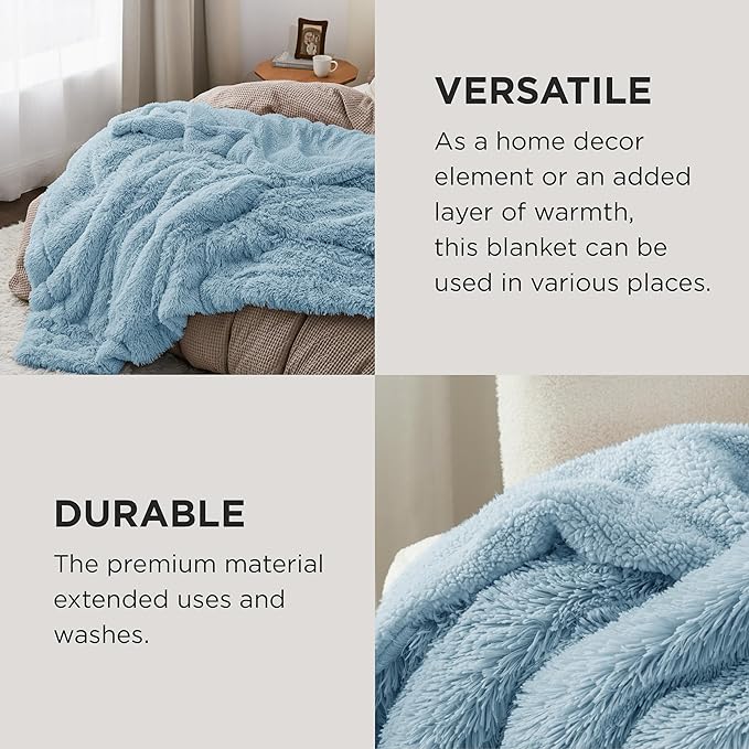 Bedsure GentleSoft Fuzzy Sherpa Faux Fur Blue Twin Blanket Cozy Gifts for Women Men, Soft Fleece Plush Warm Minky Thick Blanket Twin Size for Bed, Couch, Room Decor Dorm Essentials Blue Gifts, 60x80-Ruum Studio Home