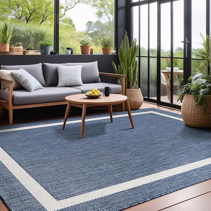 Bordered Outdoor Rug 8x10 Washable Outside Carpet for Indoor Patio Porch Waterproof Easy Cleaning Non Shedding Area Rugs Blue 8 x 10-Ruum Studio Home