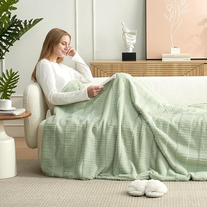 Amélie Home Luxury Striped Faux Fur Throw Blanket for Couch, Embossed Split Fur Cozy Fuzzy Fluffy Luxurious Soft Plush Sofa Chair Bed Gift Blankets for Women Men Wife Friend, 60"x80", Sage Green-Ruum Studio Home