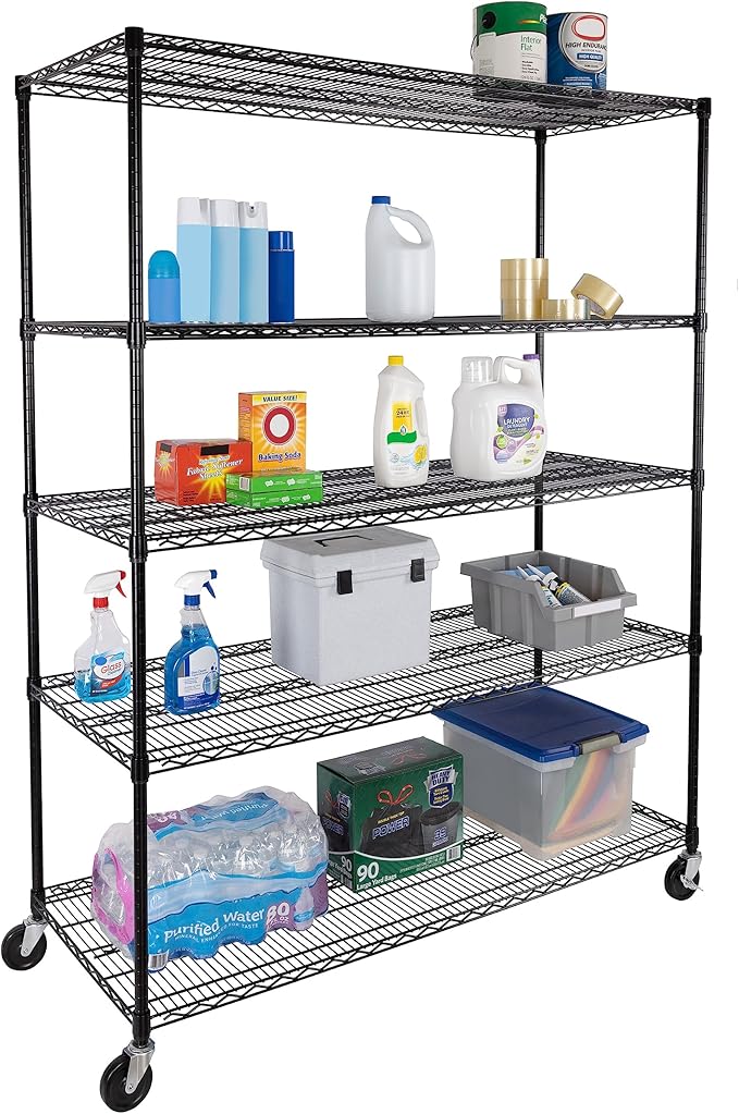 Seville Classics UltraDurable Heavy Duty NSF Solid Steel Wire Rack Storage Unit, Organizer for Garage, Warehouse, Office, Restaurant, Classroom, Kitchen, Black, 5-Tier Shelving, 60" W x 24" D-Ruum Studio Home
