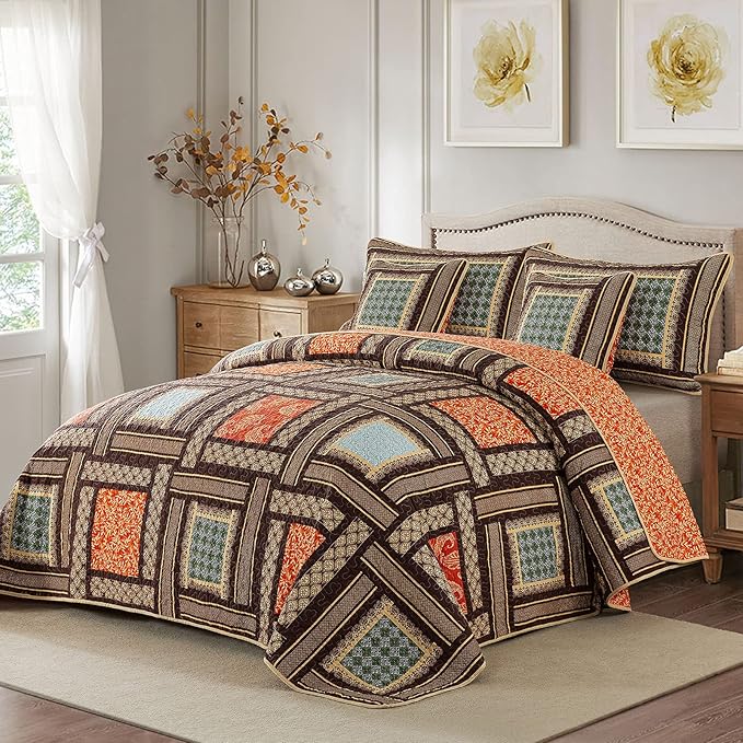 NEWLAKE Cotton Patchwork Bedspread, 3-Piece Bedding Quilt Set with Real Stitched Embroidery, Reversible Matelasse Bed Coverlet Set,Bohemian Farmhouse,King Size-Ruum Studio Home