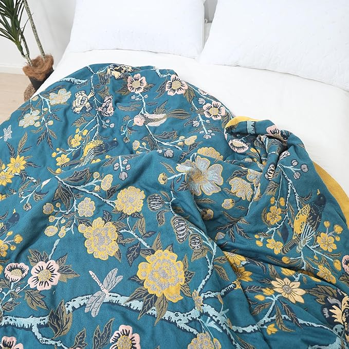 Snycler Boho Throw Blanket for Bed - 100% Cotton Ultra Soft Rustic Quilt Blanket Green Bird Floral Printed Farmhouse Decor Bed Blankets, 60"×80" All Season Rustic Throw for Sofa Couch Chair-Ruum Studio Home