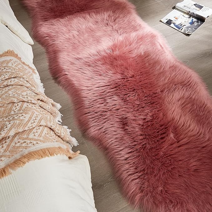 AMTOVO Faux Sheepskin Rug, Blush Pink Ultra Soft Fluffy Shag Area Rug, 2 x 6 ft Faux Fur Rug for Bedroom Sofa Throw Cushion Room Decor, Sheepskin-Ruum Studio Home