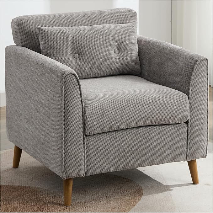 Mid Century Modern Accent Chairs, Chenille Grey Upholstered Armchair,Living Room Chairs with Wooden Legs, Side Single Sofa Chair for Bedroom, Office Cafe Waiting Room Apartment-Ruum Studio Home
